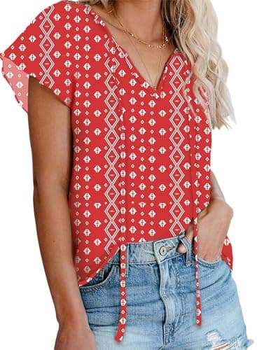 Dokotoo Womens V Neck Boho Floral Printed Casual Short Sleeve Shirts for Women Summer Casual T-Shirt Plus Size Chiffon Blouses Tops XX-Large Red - Image 1