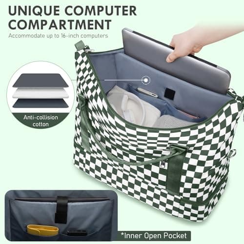 WOOMADA Weekender Overnight Bag for Women, Shoulder Travel Duffel with Shoes Compartment,Gym Bag with Toiletry Bag Large Size(Army Green Checkerboard) - Thumbnail 3