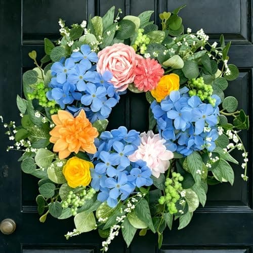 MAISONRINA Spring Wreaths for Front Door 24 Inch, Spring Front Door Wreath with Hydrangea & Eucalyptus, Artificial Floral Wreath for Porch Garden Patio Wall Window Farmhouse Indoor Outdoor Home Decor - Image 1