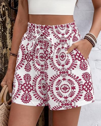 BTFBM Womens Shorts Dressy Casual Summer Spring Outfits 2026 Floral High Waist Wide Leg Loose Boho Vacation Beach Shorts(Burgundy, Medium) - Thumbnail 3