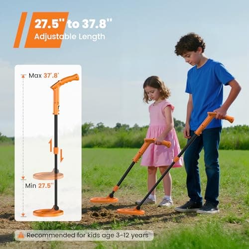 GoGonova Metal Detector, Adjustable 27.5” - 37.8” Metal Detector for Kids with LED Display, Lightweight Kids Metal Detector Kit with 6.8” Waterproof Search Coil, Gift for Boys & Girls, Orange - Thumbnail 6