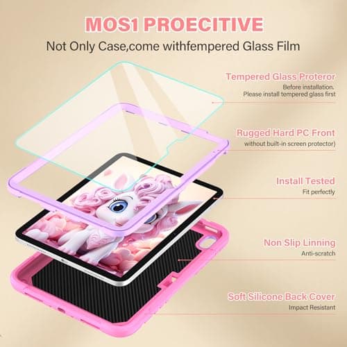 TOMORRY for iPad (A16) 11th Generation 11 Inch 2025/iPad 10th Generation Case 10.9 Inch 2022 with Tempered Glass Screen Protector,Unicorn Stand,Shoulder Strap,for iPad 10 Case Kids Girls (Pink) - Thumbnail 3