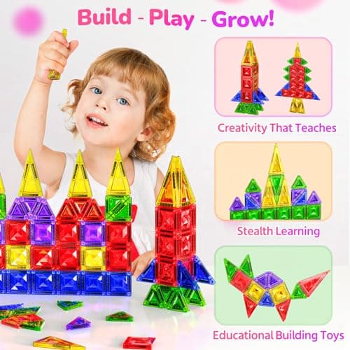 OFFISYS Mini Magnetic Tiles for Kids, Sparkling Diamond Travel Magnet Tiles with Metal Case, STEM Educational Magnet Blocks, Portable Construction Magnet Toys for Boys and Girls, 26PCS - Thumbnail 3