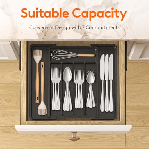 Lifewit Silverware Drawer Organizer, Expandable Utensil Tray for Kitchen, BPA Free Flatware and Cutlery Holder, Adjustable Plastic Storage for Spoons Forks Knives, 8.5-14 x 12", Black - Thumbnail 2