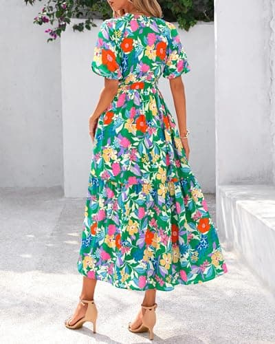 BTFBM Summer Dresses for Women 2026 Boho Short Sleeve V Neck Button Belt Flowy Spring Clothes Beach Vacation Maxi Dress(Floral Orange Green, X-Large) - Thumbnail 3