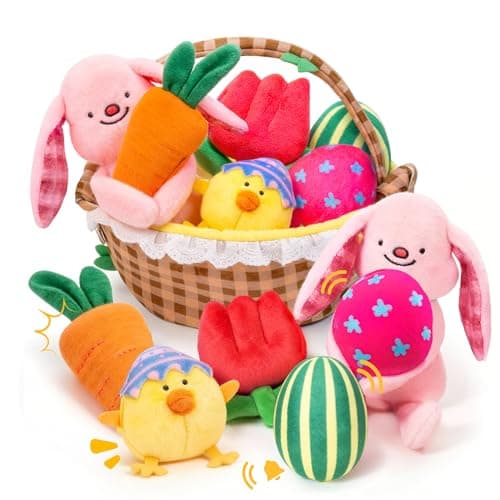 Joycat Baby My First Easter Basket, 6 PCS Plush Playset Stuffers with Bunny Chick Eggs Carrot Tulip Toys, Easter Party Favors Decorations Gifts Supplies for Baby Girls Boys Toddler Kids of All Ages - Image 1