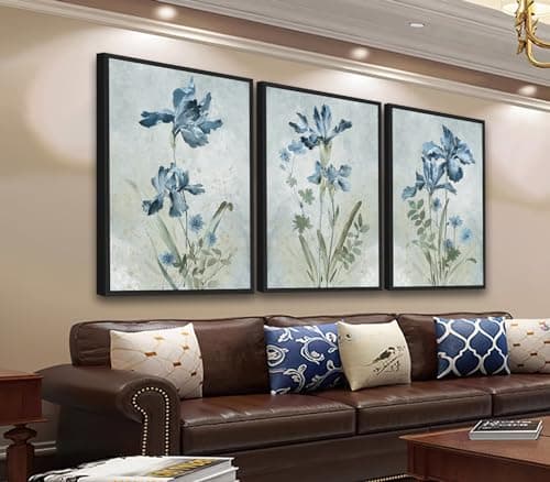 ASDCEUTICALS Large Canvas Wall Art - Blue Iris Floral Paintings Vintage Botanical Wall Decor Blossoms Flower Pictures for Living Room Bedroom Office Bathroom Framed Artwork 20" X 28" X 3 Panels