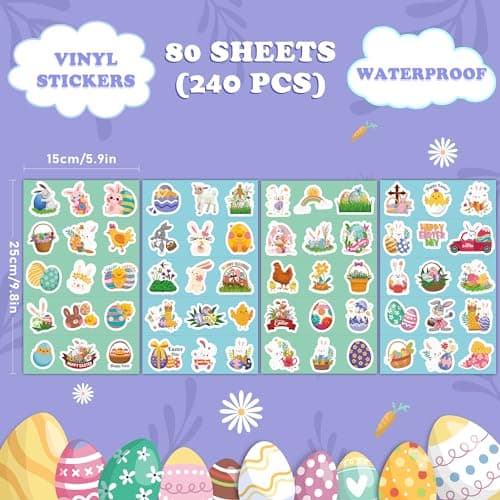 OHOME Easter Stickers for Kids - 240 PCS Easter Basket Stuffers for Boys Girls Teens Adults | Vinyl Egg Bunny Gifts Decorations Toys - Kids Easter Games Crafts Activities Party Favors - Thumbnail 2