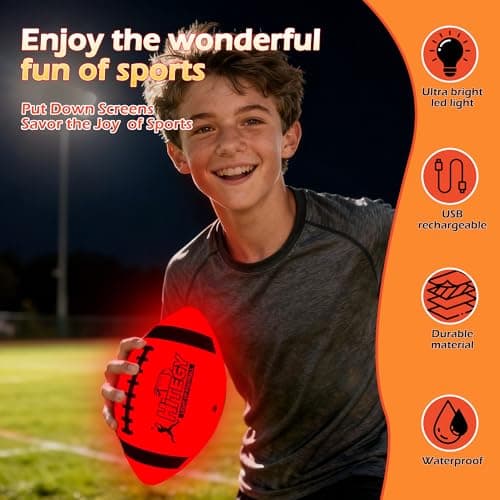 MPMVP Glow in The Dark Football Light Up Football | USB-C Rechargeable LED Ball with Pump | Night Game Ball for Indoor & Outdoor Play | Gift Ready for Boys & Kids (with a Bag) - Thumbnail 2