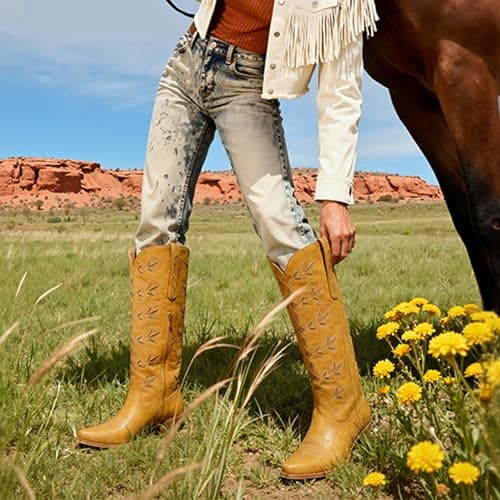 QIY Cowgirl Boots Women Embroidered Banana Yellow Cowboy Boots for Women Nashville Pointed Toe Block Heel Knee High Western Cow Girl Boot Size 6.5 - Thumbnail 3