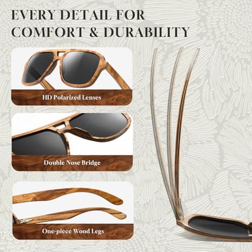 SUNAIT Light Burl/Black Oak/Zebra & Ebony/Maple Wood Sunglasses Classic Square Aviator for Men & Women HD Polarized Lens (Zebra Wood Frame/Grey Lens) - Thumbnail 4