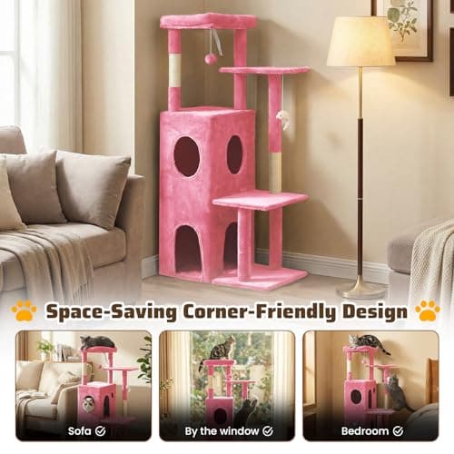 FURFAST Large Cat Tree Tower, 50 Inch Multi-Level Tower Cat Tree for Indoor Cats Large Adult, Cat Tower with Scratching Post, with Climbing Ladder, 2 Cat Caves Bed Cave, Cat Toys, Cat Houses,Pink - Thumbnail 2