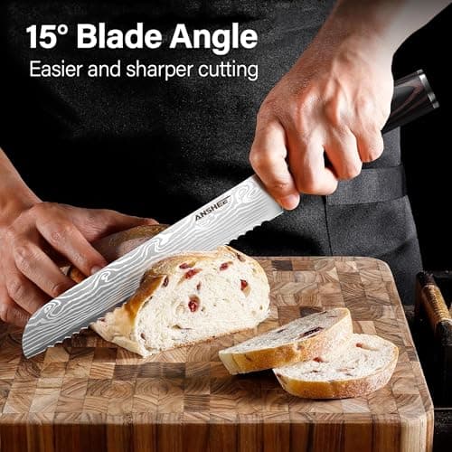 anshee 8 Inch Japanese Bread Knife - High Carbon Steel Serrated Blade with Wood Handle,Sheath&Gift Box,Razor Sharp Edge for Sourdough,Baguettes&Cakes,Professional Knife for Bakers(Home&Restaurants) - Thumbnail 5