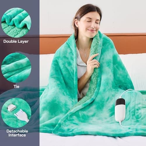 greenoak Heated Electric Blanket Throw, Faux Fur Sherpa Heating Blanket for Sofa Bed, Warm Winter Gifts for Women/Her, Heater Lap Blankets 5-Position Timer &10 Heating Levels 50''*60" Aqua - Thumbnail 2