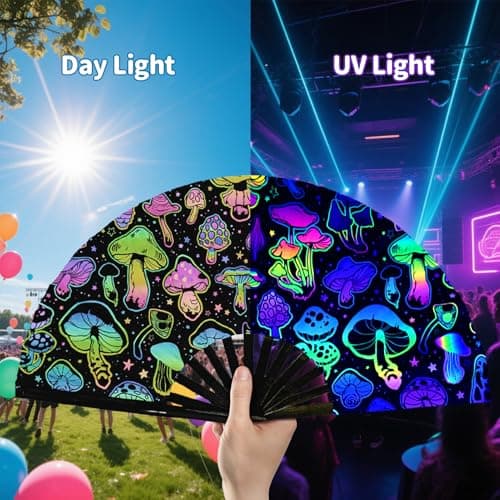 EOSAU UV Glow Large Rave Fan Folding Hand Fans for Line Dancing Portable Handheld Clack Fan for Festival EDM Party Music Outfit Accessories (13" Mushrooms) - Thumbnail 3