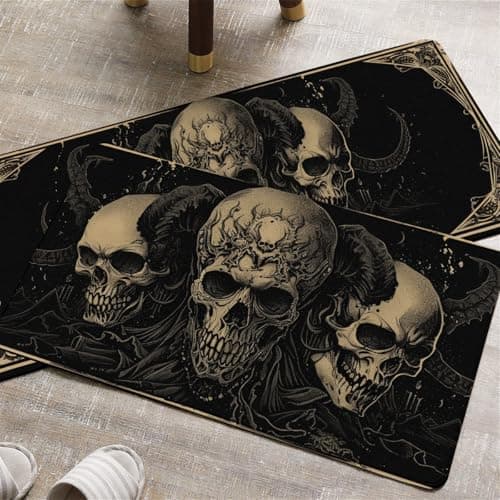 YWZDS Gothic Skull Kitchen Rugs Set of 2 - Washable Non-Slip Faux Linen Floor Mats(17.7''x29.5''+17.7''x47'') - Kitchen Mats for Home Office Bedroom Bathroom Laundry (Black) - Thumbnail 2