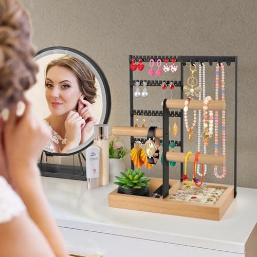 Godboat Jewelry Holder Organizer, 4-Tier Earring Holder with 48 Holes, 6 Hooks Necklace Holder, Removable Bracelet Holder, Gifts for Women, Mom, Mothers Day, Cool Preppy Stuff and Room Decor, Black - Thumbnail 2