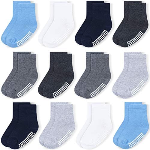 JAKIDAR 12 Pack Baby Toddler Socks Non Slip Grip Cotton Crew Socks for Boys Girls Infants Kids, Sky Blue, 6-12 Months - Image 1