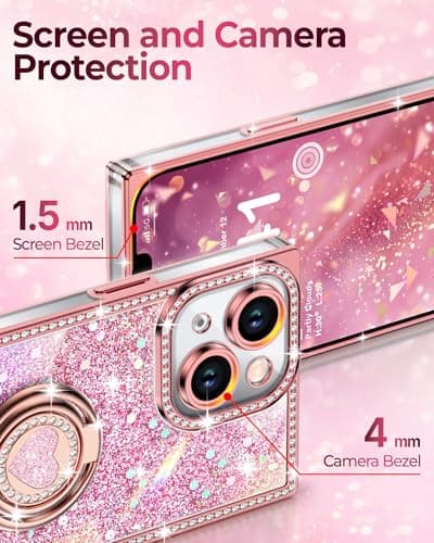 XYZ for iPhone 14 Case, Glitter Bling Phone Cover with 2-Ring Heart Stand & Lanyard, Women Girls Luxury Rhinestone Shockproof Protective Case for iPhone 14, Pink - Thumbnail 4