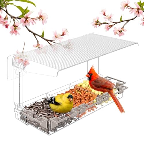 Clear Window Bird Feeder Outdoors - Bird Feeder for Viewing with 5 Perching Stands, Wavy roof, Self-Adhesive Hooks, Drain Holes and Removable Tray, as a Birdhouse, Garden Decor - Image 1