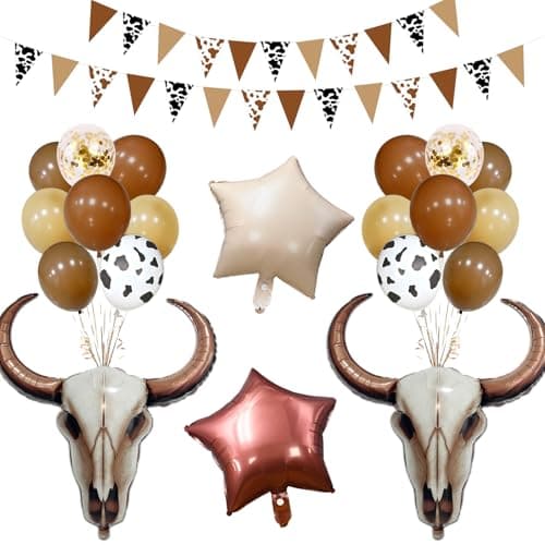 Western Party Decorations Kit Large Cowboy Longhorn Cow Foil Balloons, Triangle Bunting Banners for Cowgirl Party Ranch Birthday Last Rodeo Bachelorette Halloween Wild West Baby Shower Decorations - Image 1