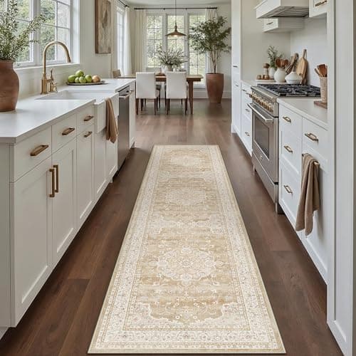 HUGEAR Machine Washable Hallway Runner Rugs 2x8 Vintage Beige Brown Neutral Style Non Slip Stain Resistant Low Pile Throw Carpet for Bedroom Kitchen Retro Aesthetic Modern Decor - Thumbnail 2