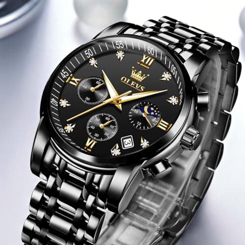 OLEVS Watch Men Black Watches for Men Luxury Analog Quartz Wrist Chronograph Dress Waterproof Mens Watches Big Face Moon Phase Business Fashion Metal Stainless Steel Reloj para Hombre Originales - Thumbnail 4
