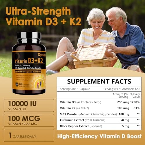 NATURE TARGET Vitamin D3 K2, High-Potency 10,000 IU D3, 100 mcg K2(MK-7) Supplement with MCT, Most Absorbable Synergy Formula, Supports Bone, Calcium & Immune Health, 120 Capsules - Thumbnail 2