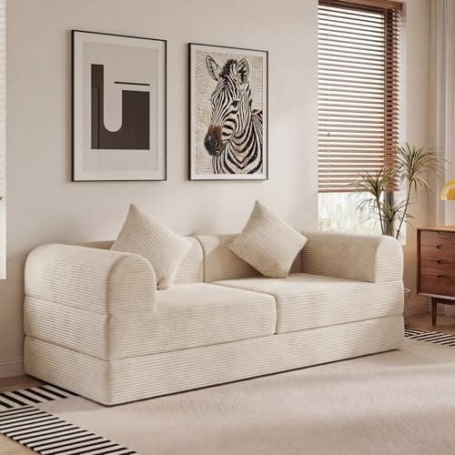 ceamorfco Boneless Couch, 74.8 Inch Modular Sofa Bed with Wide Armrest, Beige Corduroy Loveseat Sleeper with Removable Washable Cover, Comfy Floor Sofa for Living Room, Apartment, Office, No Assembly - Image 1