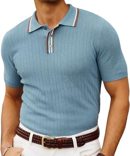 PJ PAUL JONES Blue Polo Shirs for Men Vintage Italian Knitting Golf Polo Shirts for Men Summer Breathable Date Night XXL - Image 1