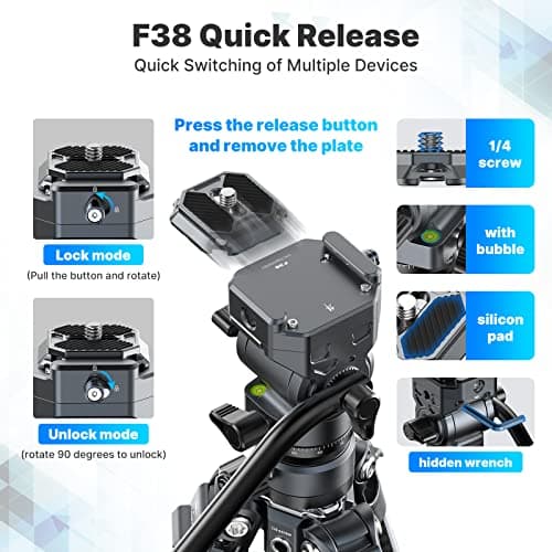 ULANZI F38 Video Travel Tripod, 61.4" Carbon Fiber Tripod w Quick Release Fluid Head, 2.38lbs Ultra Lightweight Portable Stable Professional Camera Photo Video Tripod, Load up to 22lbs, with Bag - Thumbnail 2