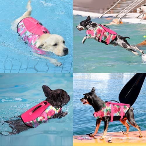 Mklhgty Dog Life Jacket, Reflective & Adjustable, Hawaiian Style, for Small Medium Large Dogs, Polyester & Cotton, Floral Pink, L - Thumbnail 5