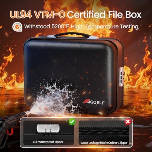 Fireproof Document Box with Lock, 5200°F Fireproof Water Resistant Hard Case File Organizer Safe Box for Important Documents, Certificates, Laptop, Passports (Black) - Thumbnail 3