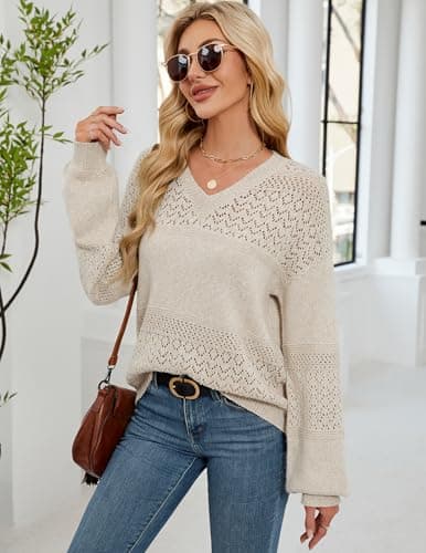 Libsorge Womens Oversized Lightweight V Neck Sweater Spring 2025 Trendy Ladies Dressy Casual Outfits Fashion Clothes Sexy Crochet Knit Hollow Out Long Sleeve Pullover Tops Apricot L - Thumbnail 5