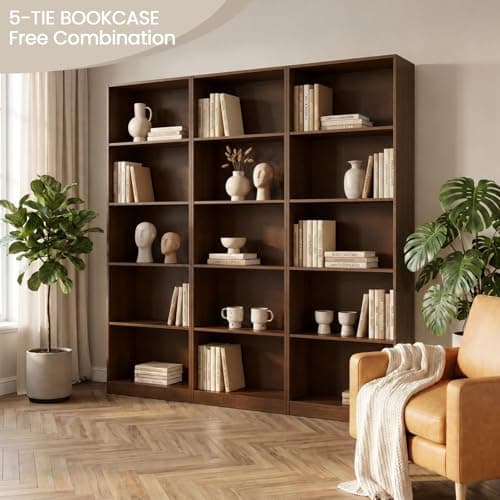 VAFHYLLIS Bookshelf, 5 Cube Storage Organizer Bookshelves Bookcases, Floor Freestanding 5 Tiers Open Storage Shelves 71 Inches Tall Bookcase Furniture for Home Office, Living Room, Walnut Color - Thumbnail 2