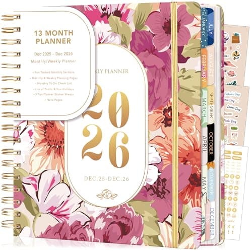 CAGIE 2026 Planner Weekly and Monthly Dec 2025-Dec 2026 Hardcover Calendar Planners with Stickers& Month Tabs for Women Spiral Bound 26 Yearly Agenda, 8.3"x9.1", Pink Floral - Image 1