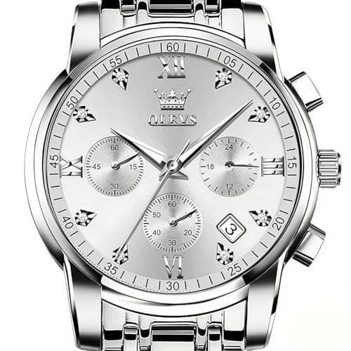 OLEVS Watch Men Silver Watches for Men Stainless Steel Analog Quartz Mens Watches Dress Waterproof Metal Band Luxury Wrist Watch for Man with Day Date Diamond Large Face Chronograph Reloj para Hombre - Image 1