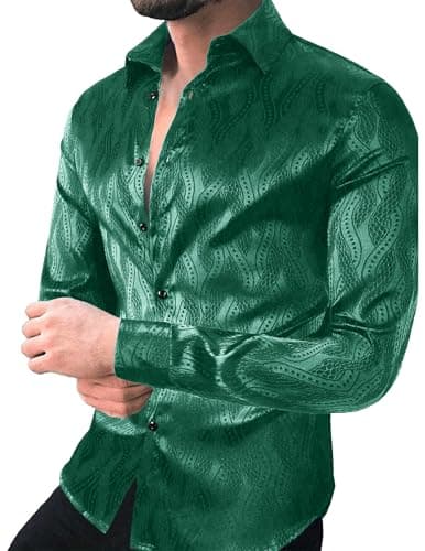 ZAFUL Mens Luxury Jacquard Long Sleeve Dress Shirt Button Down Shiny Satin Slik Wedding Party Shirts Green M - Thumbnail 2
