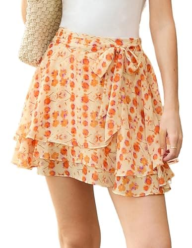 Belle Poque Women's Flowy Ruffle Mini Skirt with Shorts Underneath Elastic Waist Boho Skirt Floral Mini Skirt Summer Trendy 2026 Orange Flowers Print S - Image 1