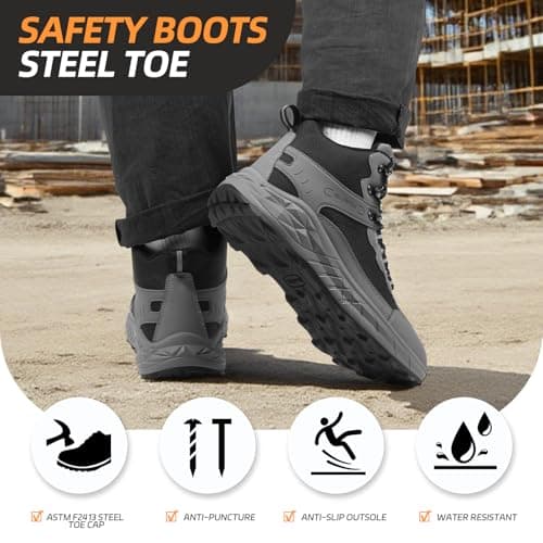 Steel Toe Work Boots for Men Non Slip Puncture Proof Safety Work Shoes for Men with Indestructible Construction Comfortable Perfect for Outdoor, Hiking, Construction Black 7 - Thumbnail 3