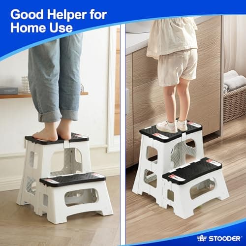 STOODER Folding 2-Step Stool - Upgraded Stable A-Frame, Safety Lock, Anti-Slip Rubber Feet, 300lb Capacity, No Assembly - 8" 17" Step Stools for Kitchen, Bathroom, Bed, RV, Home, Office (Panda) - Thumbnail 4