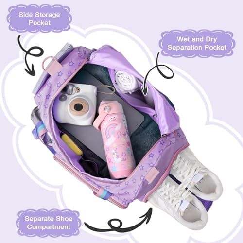 WOOMADA Travel Duffle Bag, Weekend Bag with Wet Pocket & Trolley Sleeve, Gym Dance Bag With Shoe Compartment(Star Purple) - Thumbnail 3