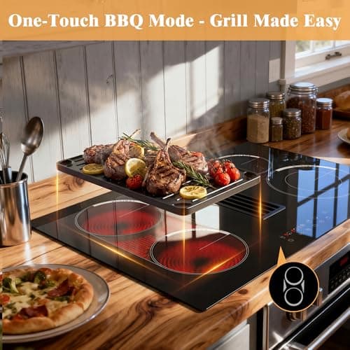 Cooksir 30 Inch Electric Cooktop with Ductless Downdraft - 4 Burner Built-in Stove 7400W, 30" Electric Stove Downdraft Range Hood 135W, Timer, Safety Lock, 220V Hard Wired, Recirculating Air Vent - Thumbnail 6