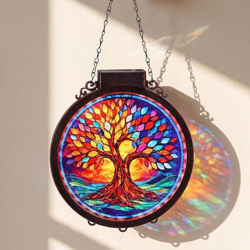 Hoikwo 8.6" Suncatcher Tree of Life, Solar Powered Sun Catcher Stained Acrylic Plastic Lightweight Window Decor, for Porch Courtyard Garden Mother's Day Birthday Gift for Mom Her Housewarming - Image 1