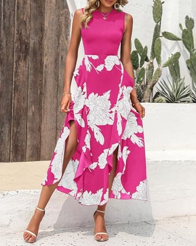 BTFBM Women Casual Sleeveless Summer Dresses 2026 Spring Crewneck Patchwork Boho Floral Ruffle Cocktail Party Midi Dress(Big Floral White Rose Red, Small) - Thumbnail 3