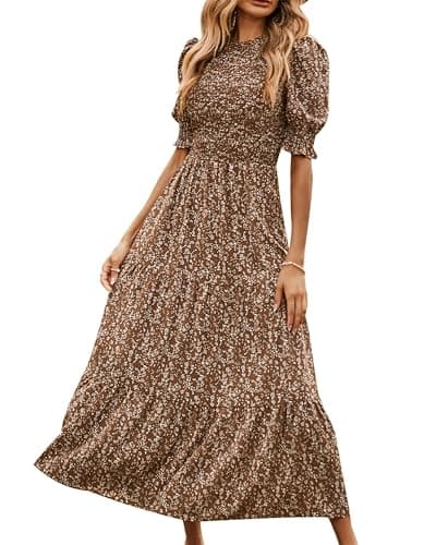 BTFBM Women Casual Summer Dresses 2026 Spring Crew Neck Ruffle Short Sleeve Smocked Floral Boho Flowy Maxi Dress Clothes(Floral Coffee White, Large) - Image 1