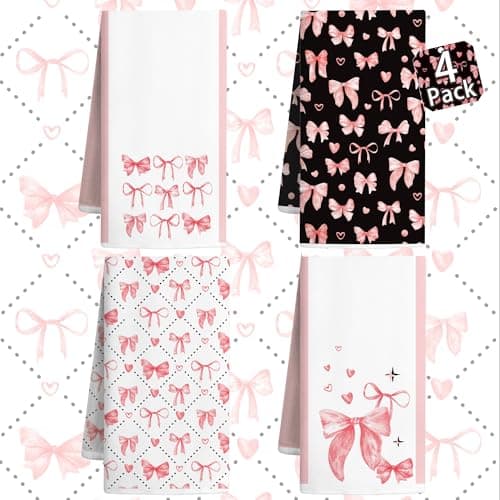 Vetoxka 4 PCS Cute Pink Bow Kitchen Towels Set-Quick Drying Valentines Day Decor Accessories Dish Hand Towel Set Tea Cloths Dishtowels for Home Decorations Mom Daughter Cooking Housewarm Novelty Gifts - Image 1