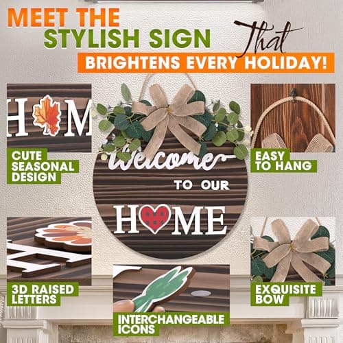 Interchangeable Welcome Sign – Welcome Signs for Front Door, Rustic Fir Wood with Hanging Cord & Metal Hook, Includes 14 Magnetic Changeable Icons – For Holiday, Year-Round Porch & Indoor Decoration - Thumbnail 5