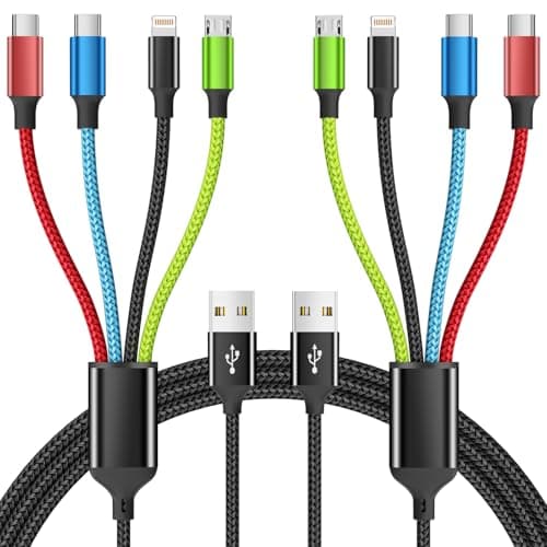 Firsting 4 in 1 Multi Charging Cable [2Pack 5FT], Tangle Free USB C Car Charger Cable Nylon Braided with 2 USB-C/IP/Micro, Travel Charging Cords for iPhone Android iPad and More - Image 1