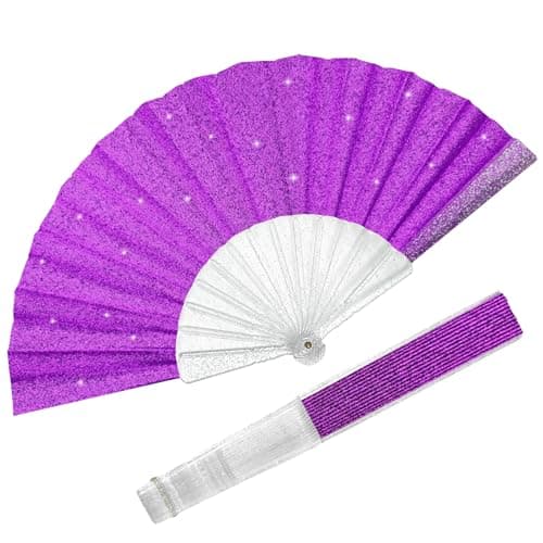 EOSAU Glitter Folding Hand Fans for Women Foldable Handheld Clack Fans for line Dancing, Wedding, Church, Festival, EDM, Party, Club, Rave Accessories (9" Purple)